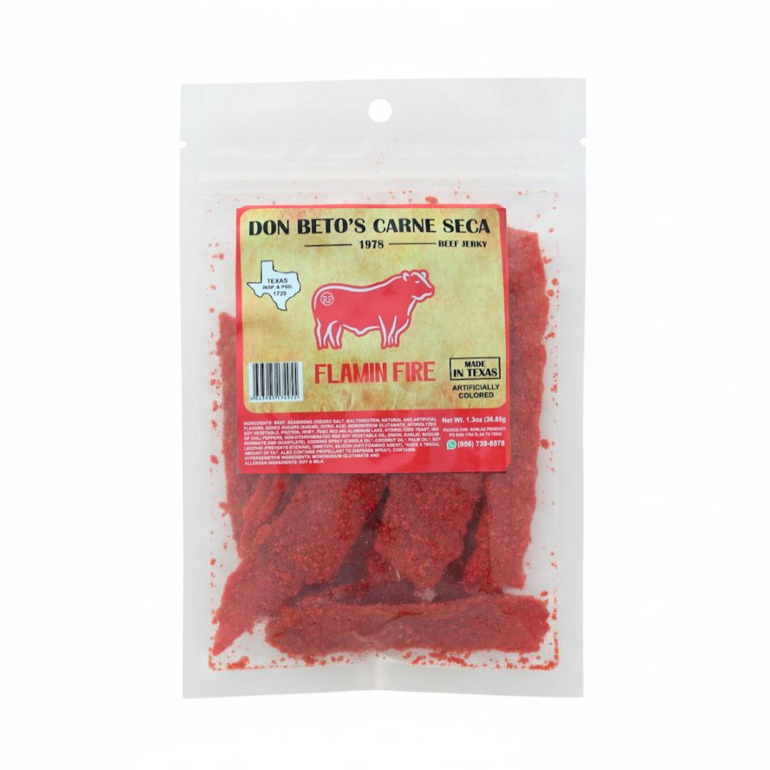 Don Beto's front pack showing fiery branding and resealable convenience