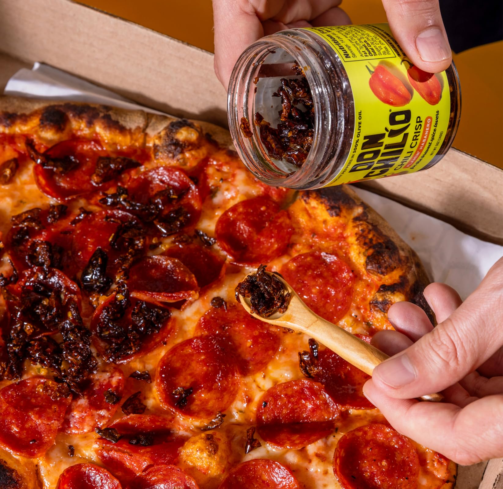 Don Chilio poured on pizza delivering bold heat and crisp contrast