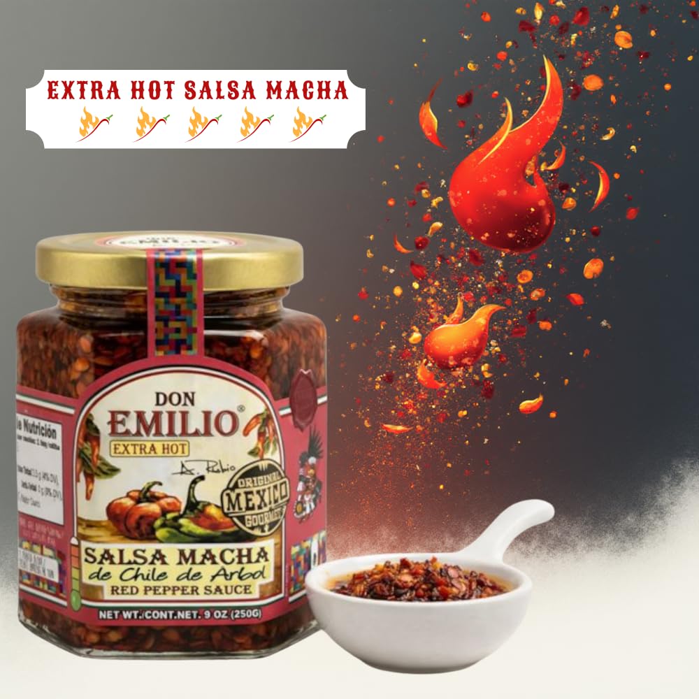 Don Emilio ingredients display of fire-roasted chiles and sunflower oil, emphasizes quality