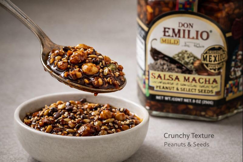 Don Emilio spoonful of chili crisp demonstrating chunky texture and flavor