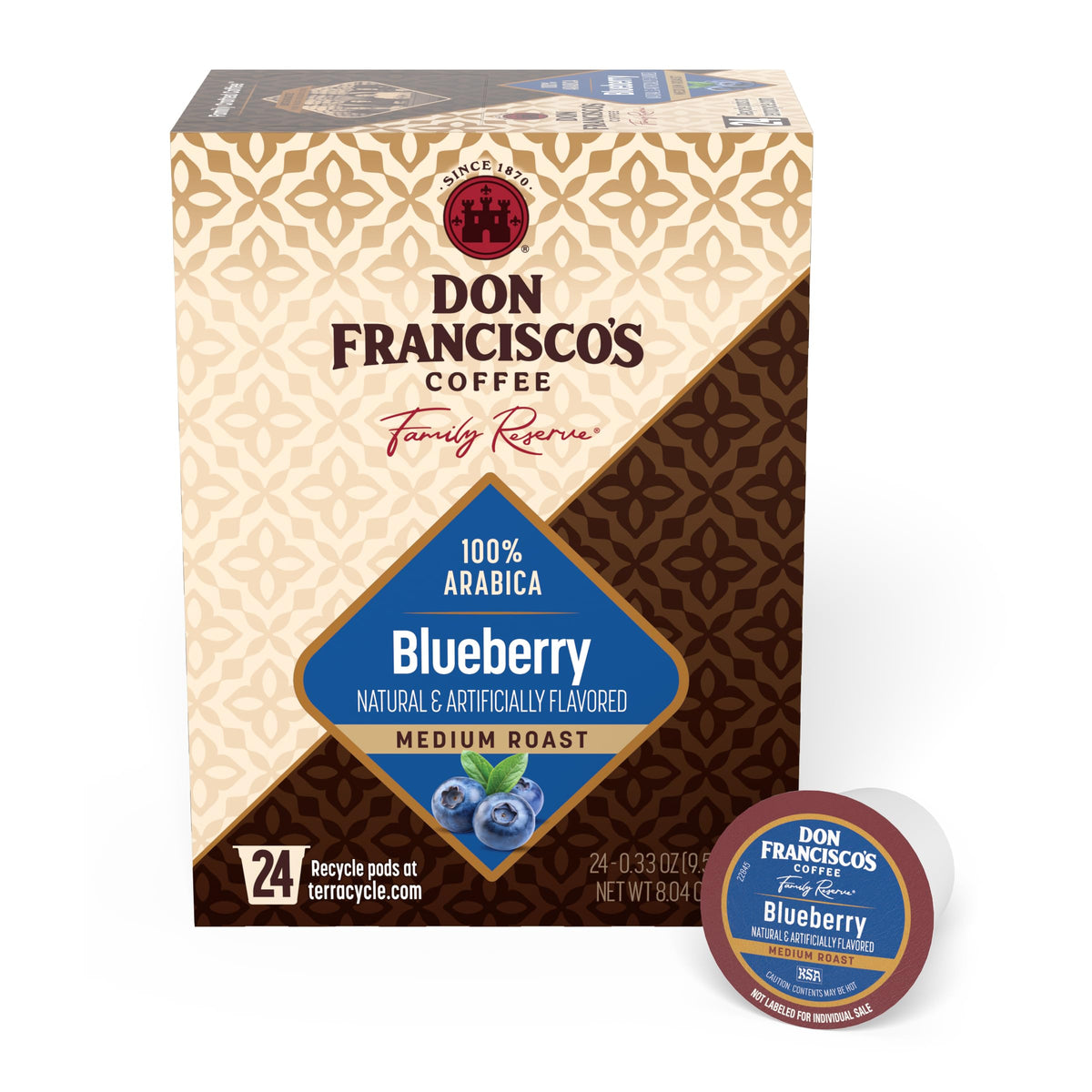 Don Francisco's front packaging showing blueberry flavored medium roast benefit convenience