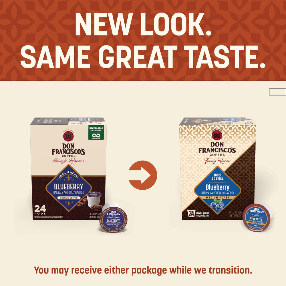 Don Francisco's single pod top view highlighting easy Keurig compatibility and fast brew