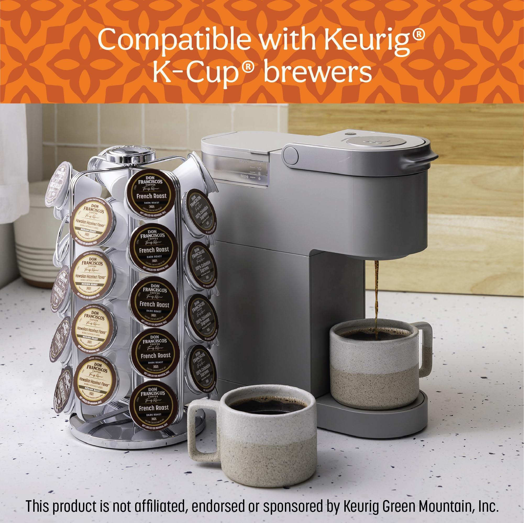 Don Francisco's brewed pumpkin spice cup with steam showing aromatic warm flavor