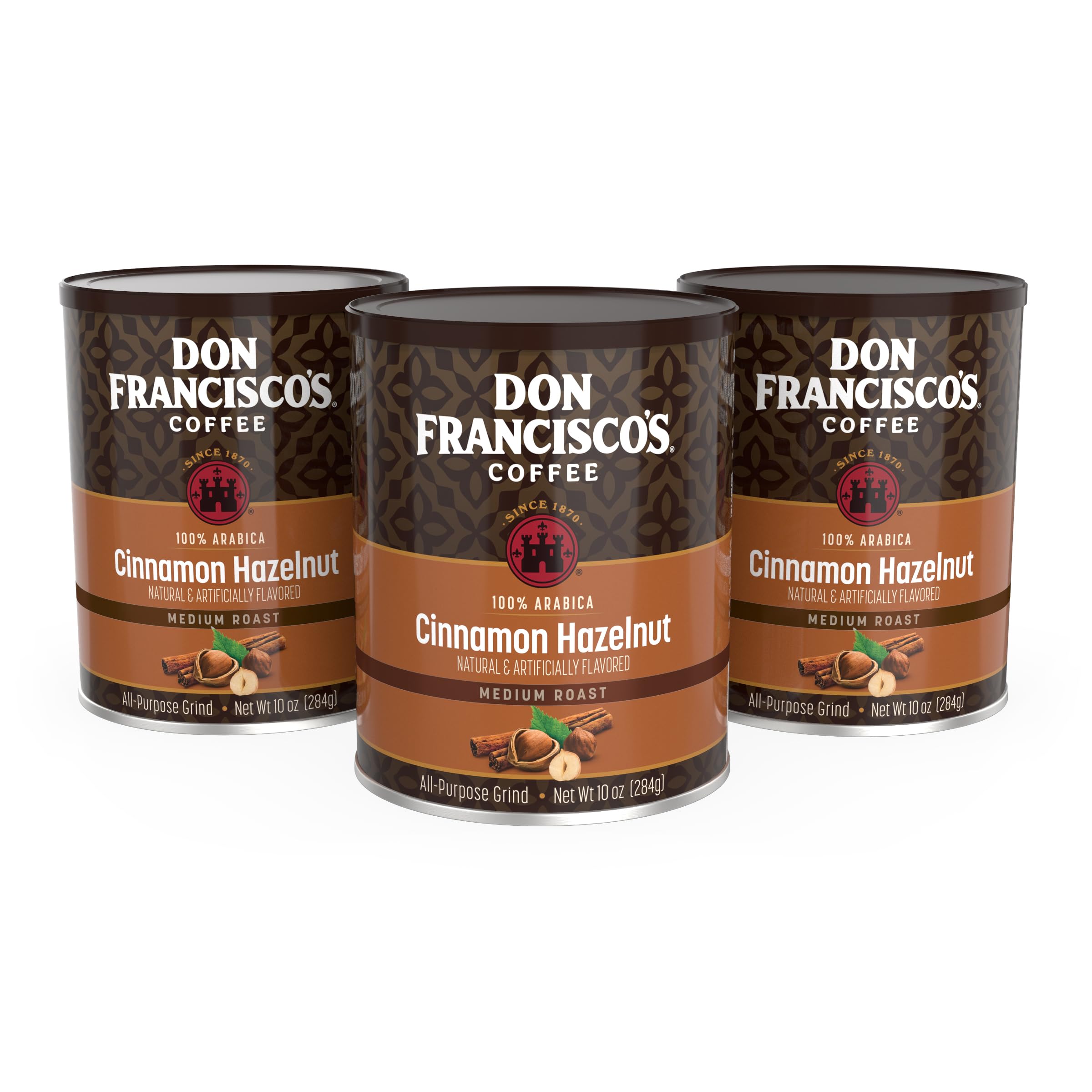 Don Francisco's front can showing cinnamon hazelnut aroma and convenient packaging