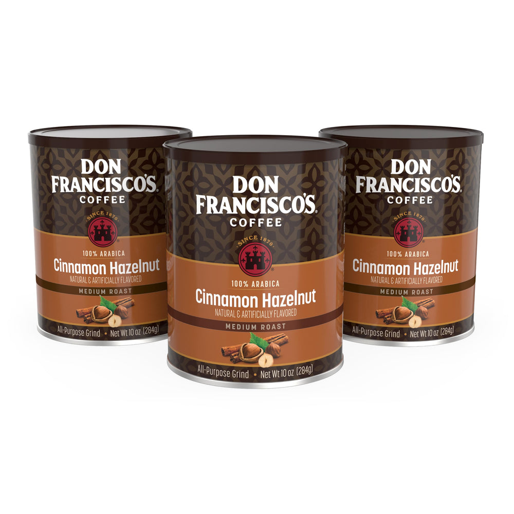 Don Francisco's front can showing cinnamon hazelnut aroma and convenient packaging