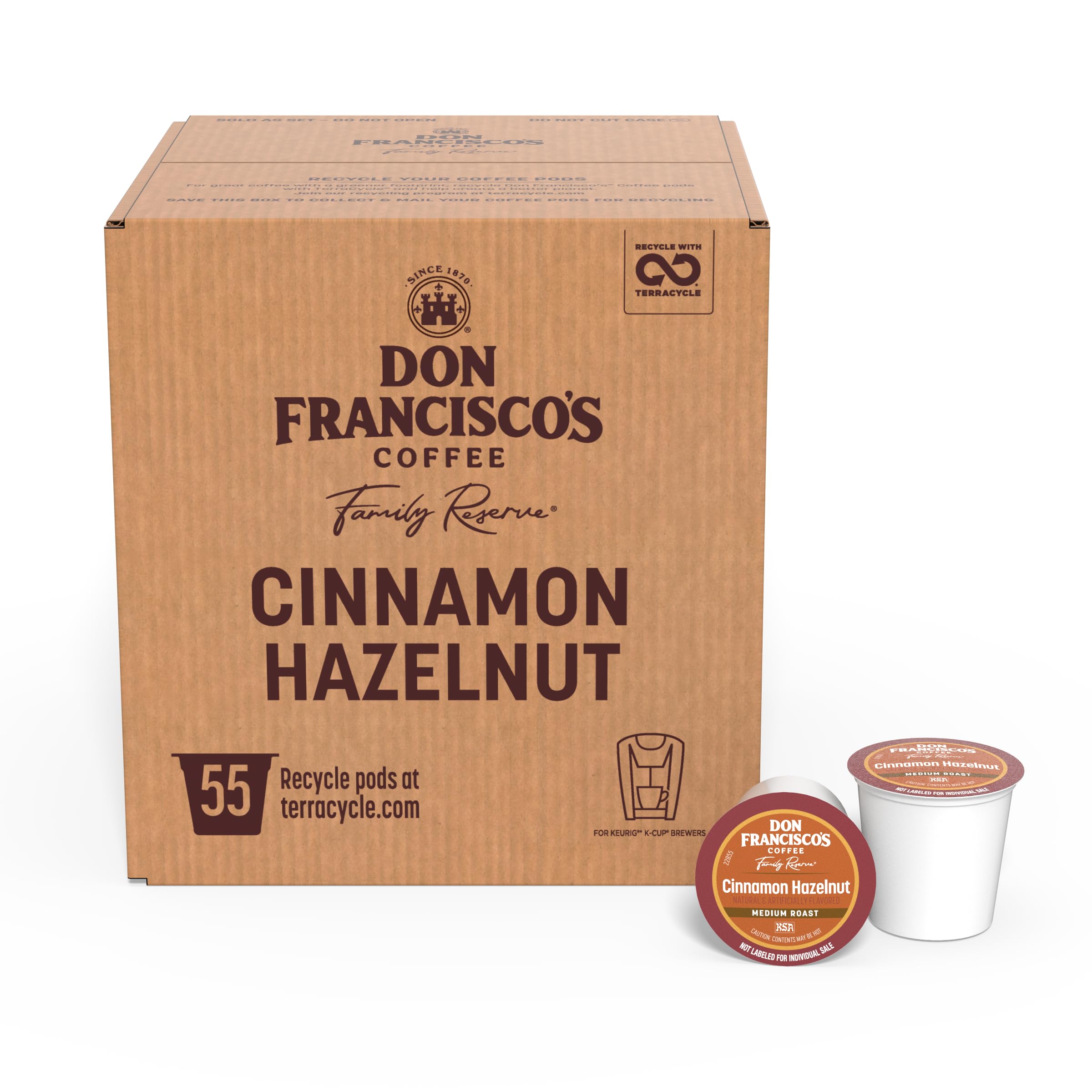 Don Francisco's front packaging showing 55-count pods and flavor benefits