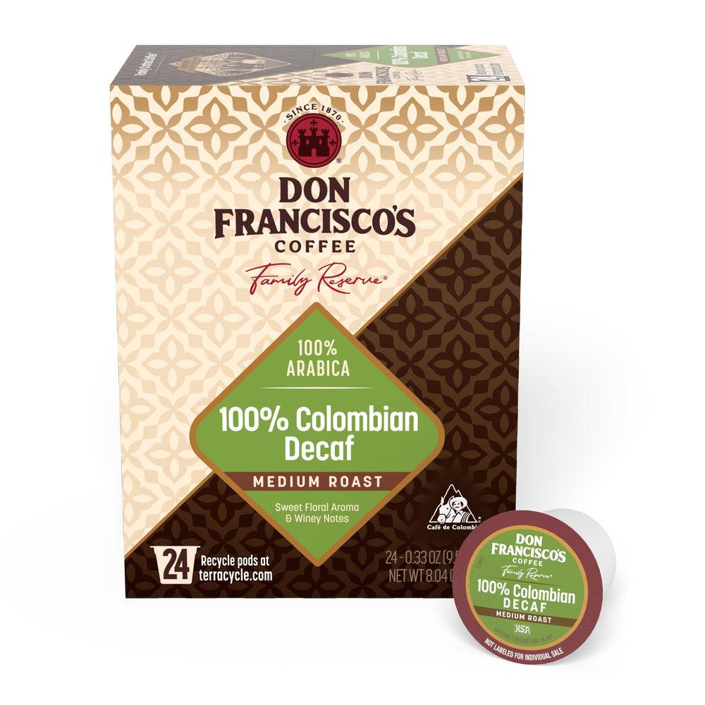 Don Francisco's front box showing 24-count decaf pods and clear labeling benefit convenience