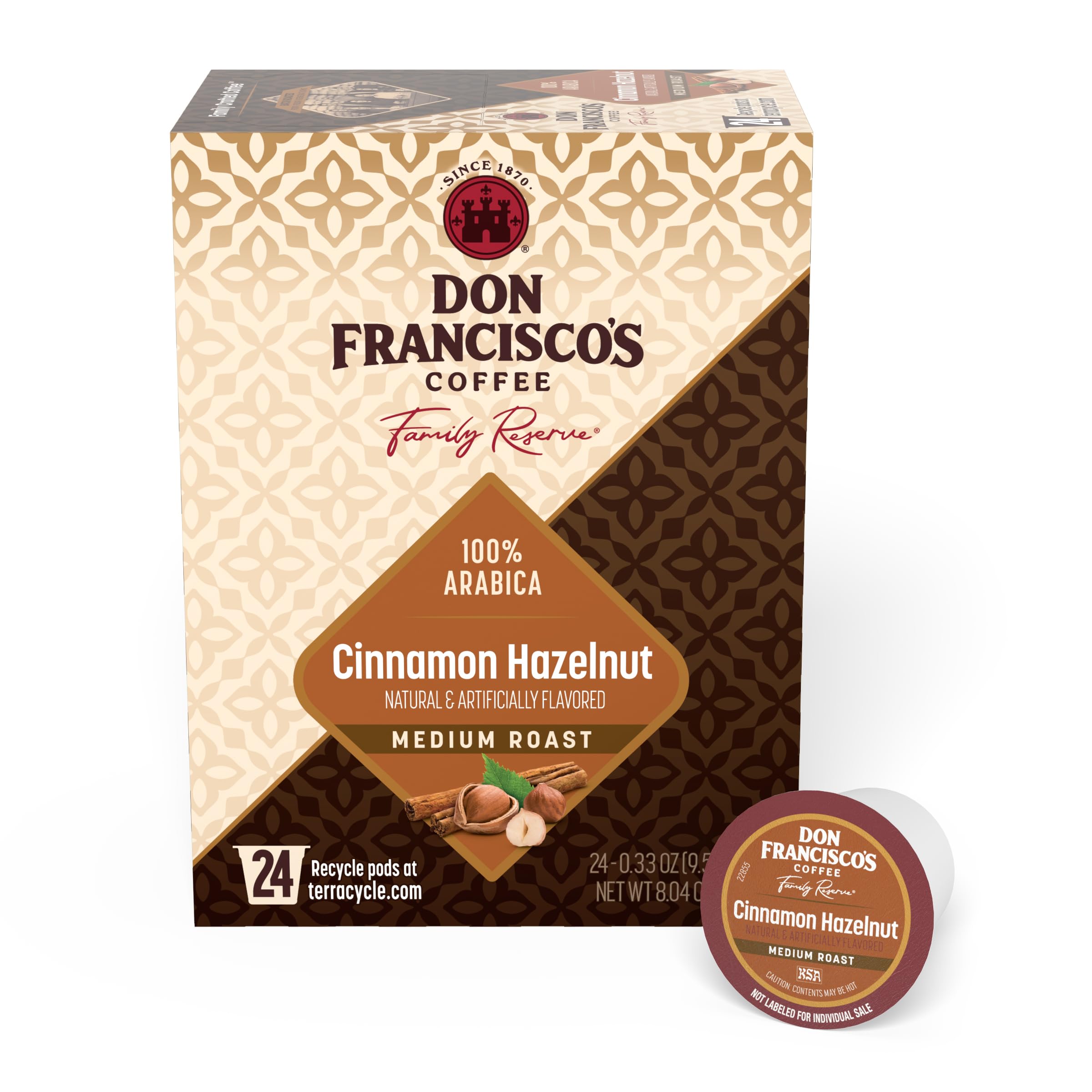 Don Francisco's front box showing cinnamon hazelnut pods for easy brewing