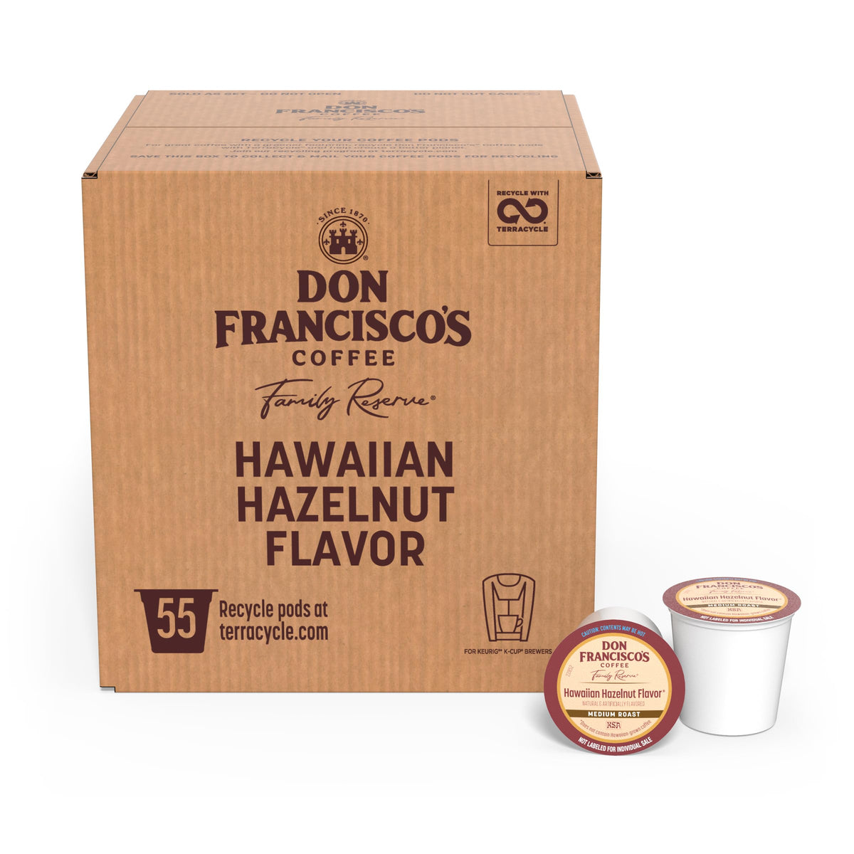 Don Francisco's front box showing Hawaiian Hazelnut packaging and product benefit