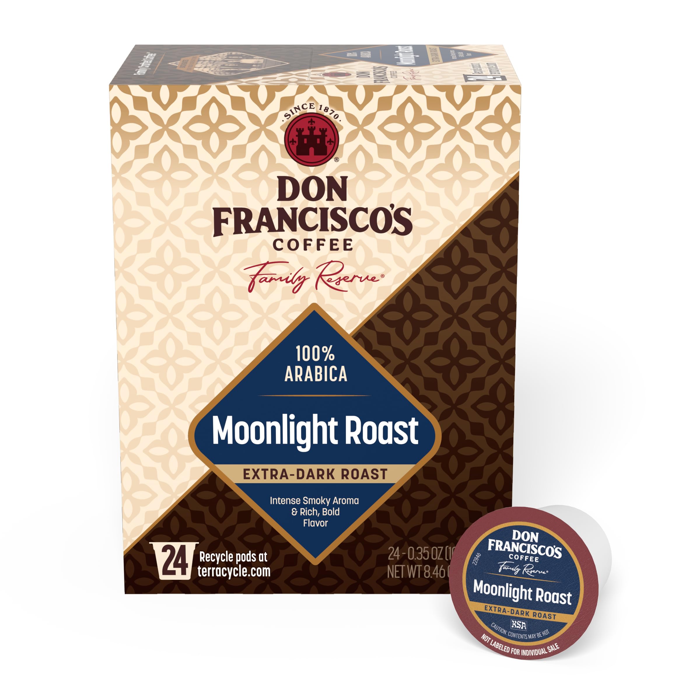 Don Francisco's front packaging showing 24-count box and bold roast benefit