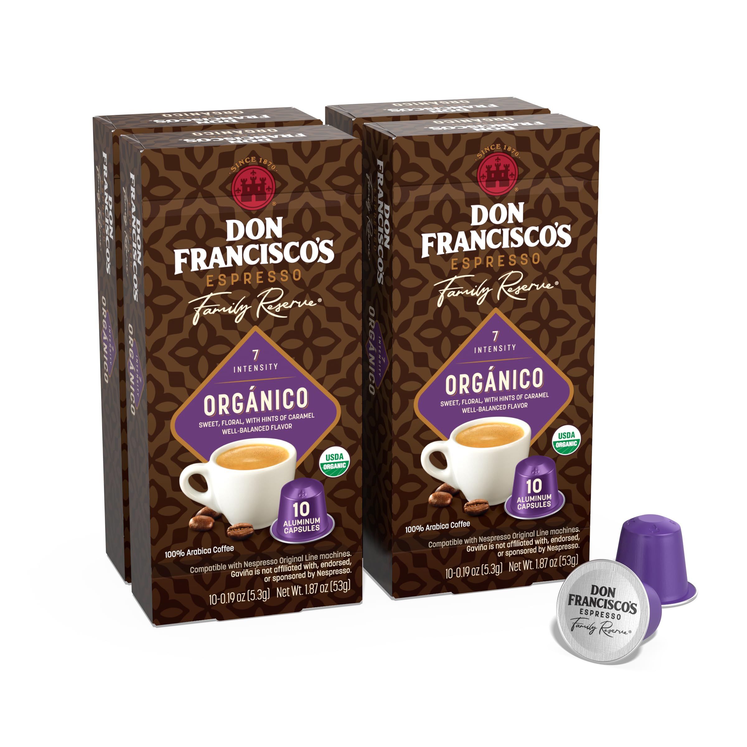 Don Francisco's front packaging showing 40-count box and organic branding benefit freshness