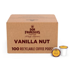Don Francisco's front packaging showing 100-count pods and brand promise