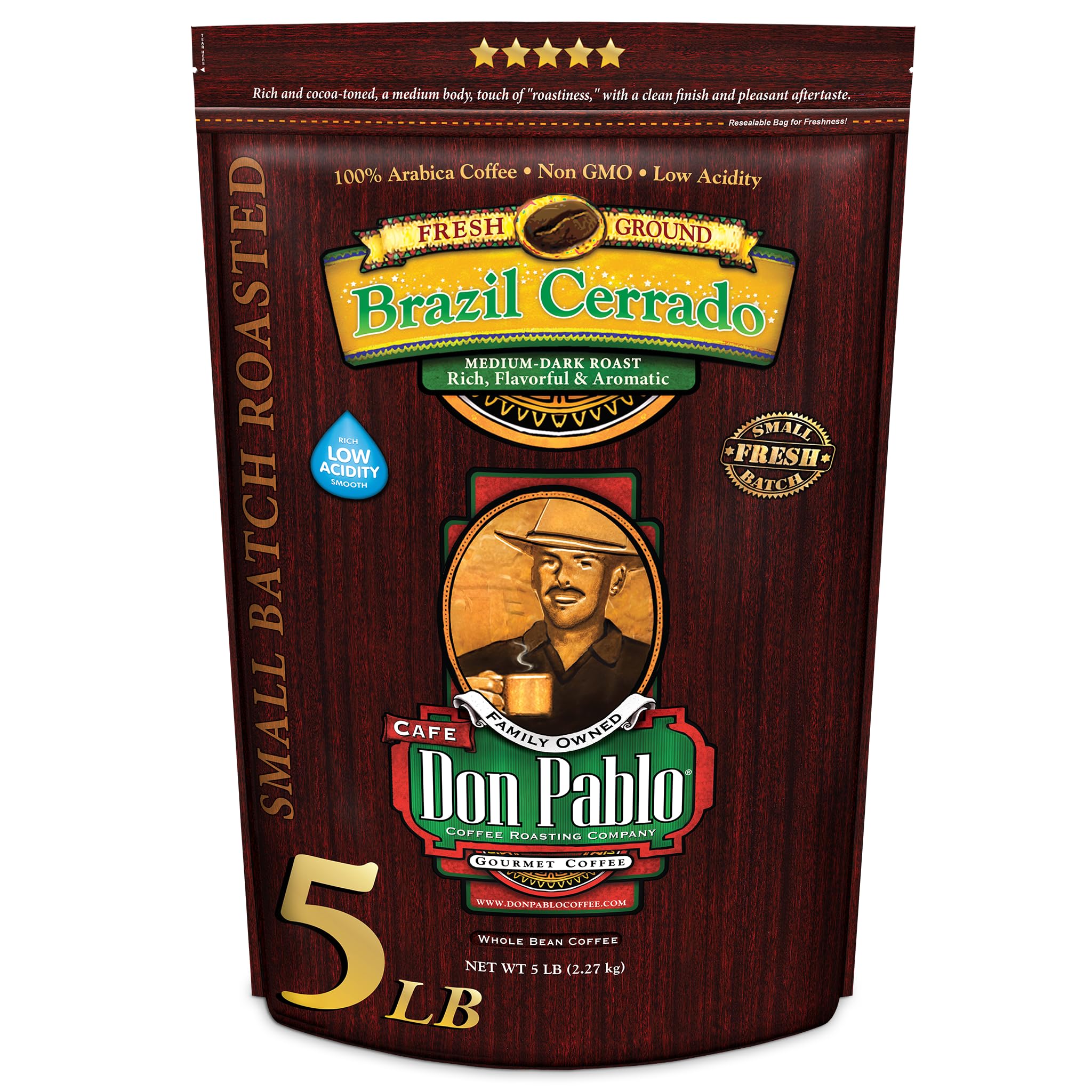 Don Pablo 5 lb front packaging showing bag and brand benefits