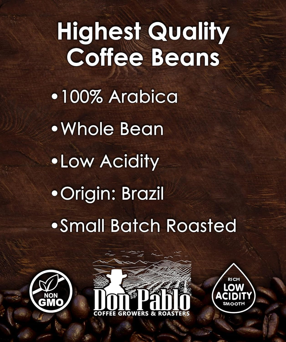 Don Pablo coffee being poured for brew showcasing smooth low-acid cup