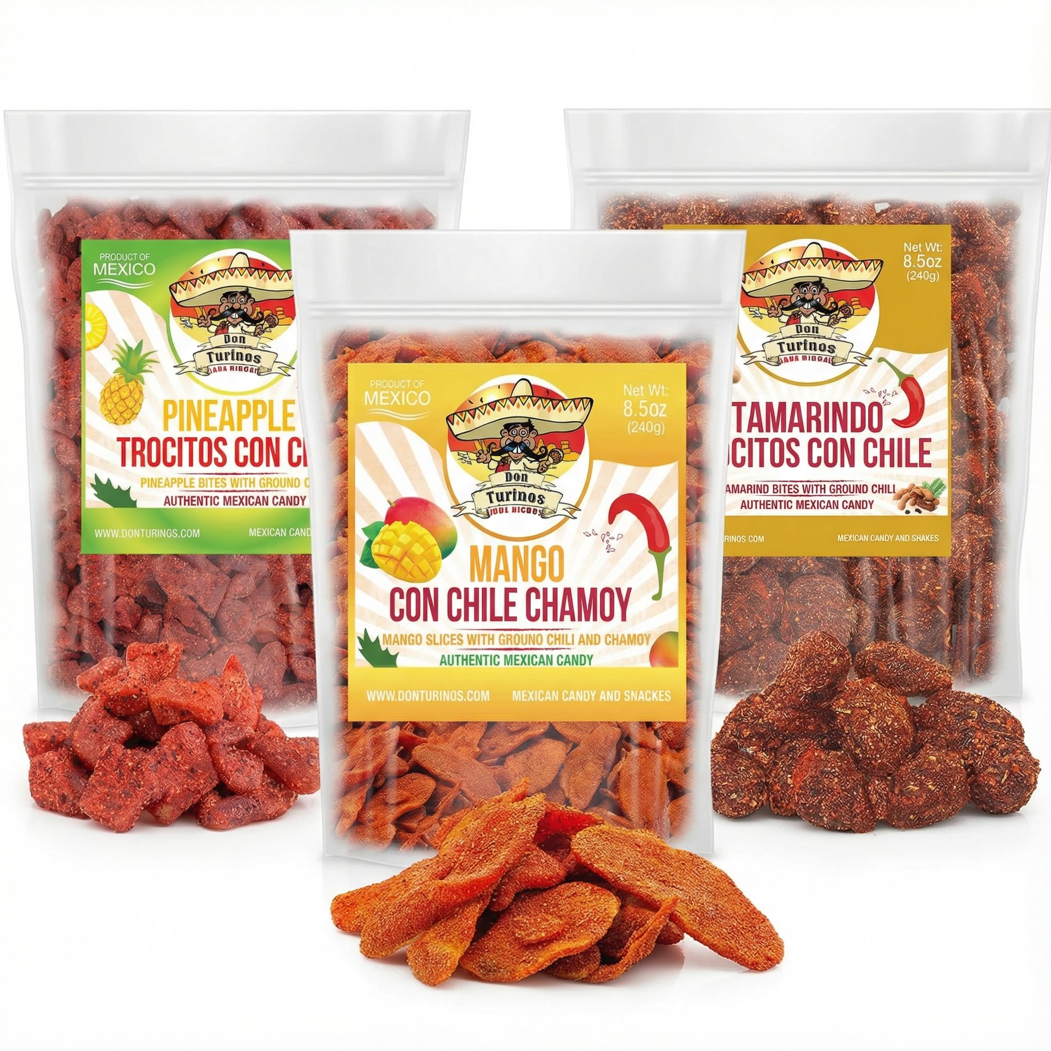 Don Turinos front packaging showing three resealable candy bags for easy storage