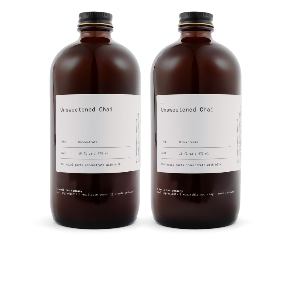 Dona chai front packaging showing two 16oz bottles and clear ingredient promise, highlights convenience