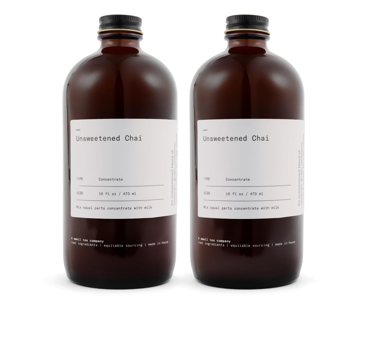 Dona chai front packaging showing two 16oz bottles and clear ingredient promise, highlights convenience