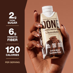 Done chocolate bottle closeup label displaying protein and prebiotic fiber benefits