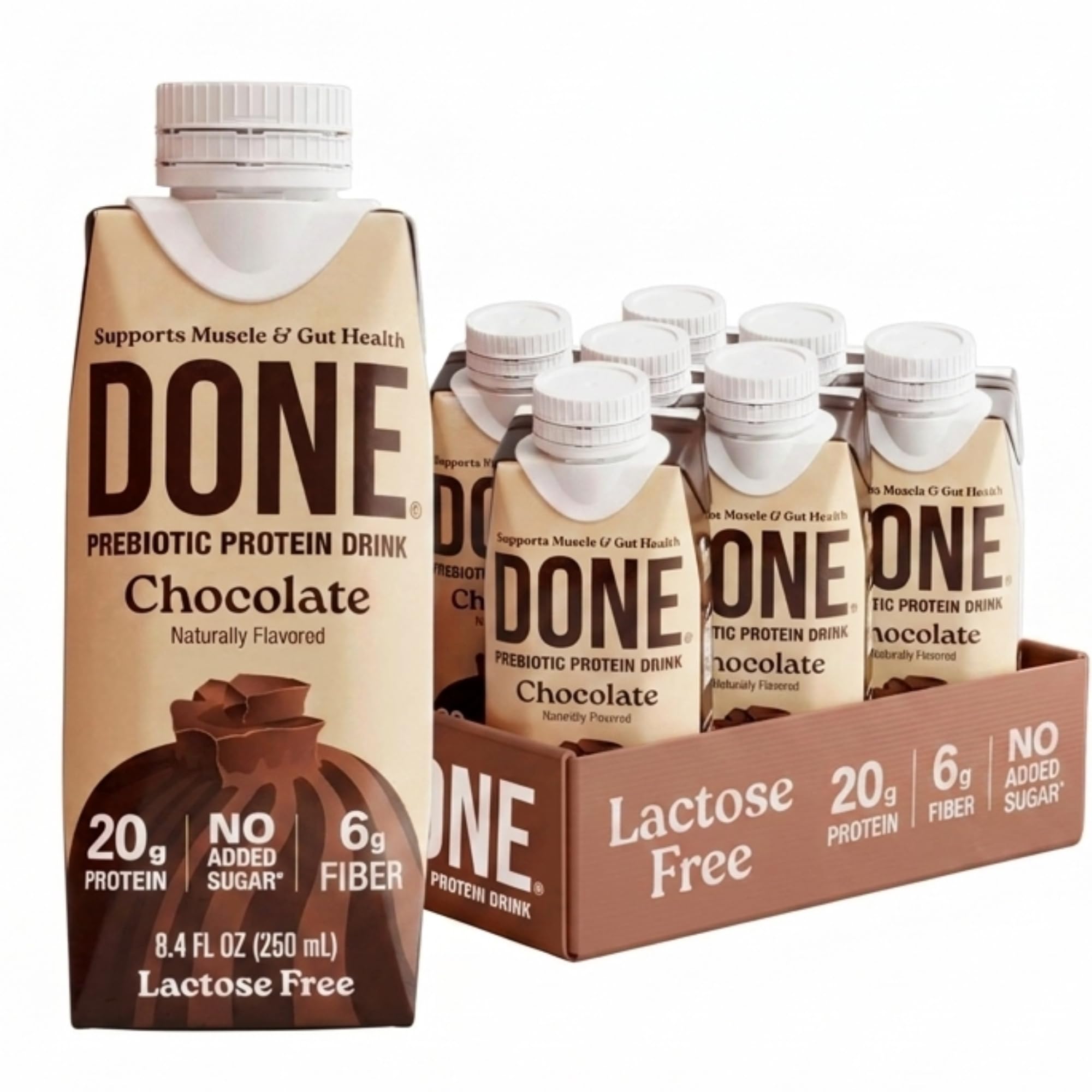 Done chocolate front packaging showing 8.4oz bottle and nutrition highlights