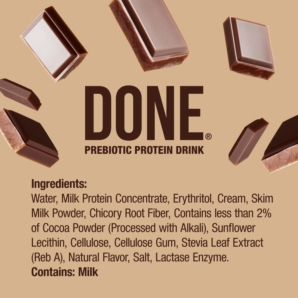 Done chocolate ingredients list shot highlighting no added sugar and non-GMO