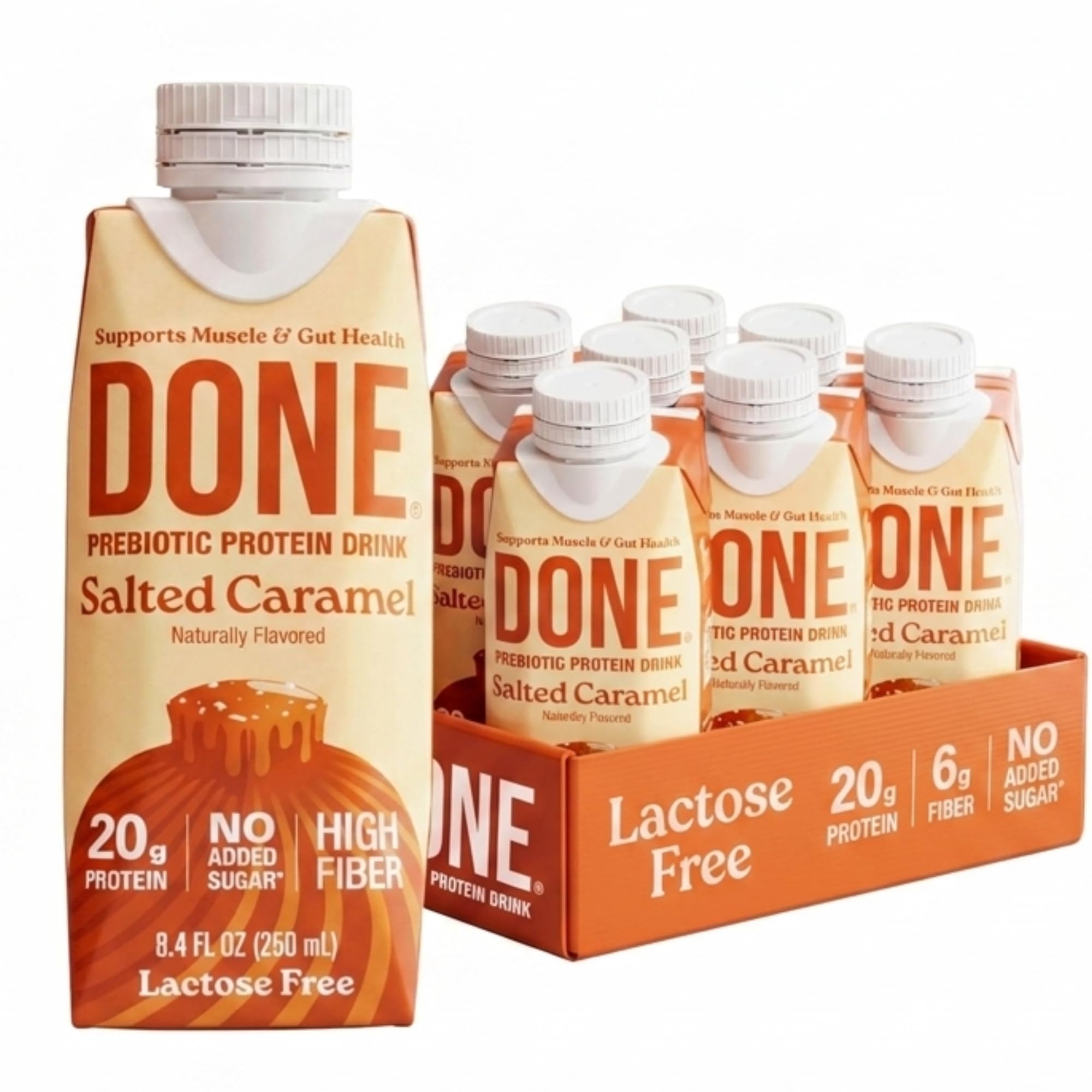 DONE front packaging showing salted caramel flavor and 20g protein benefit