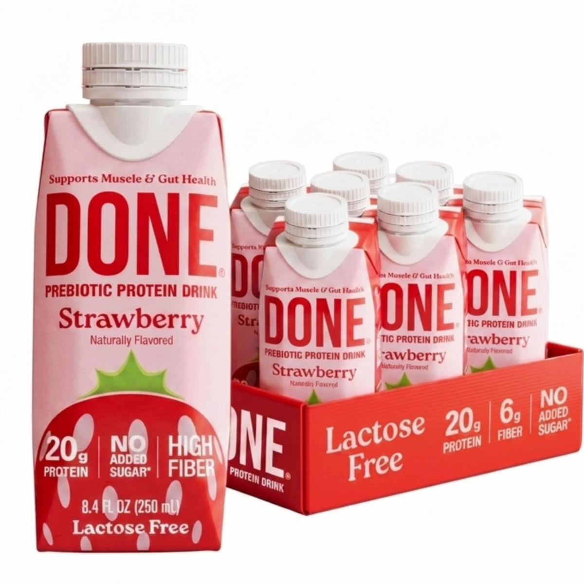 Done front packaging showing strawberry bottle and 20g protein benefit