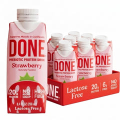 Done front packaging showing strawberry bottle and 20g protein benefit