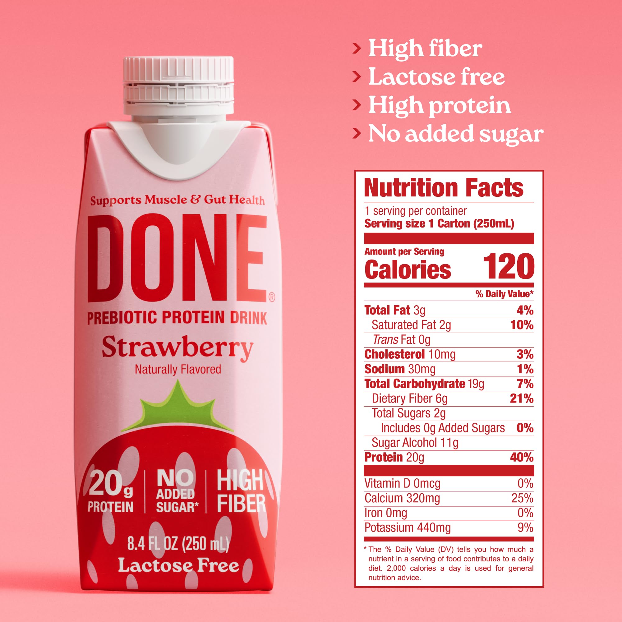 Done side label and nutrition facts highlighting no added sugar