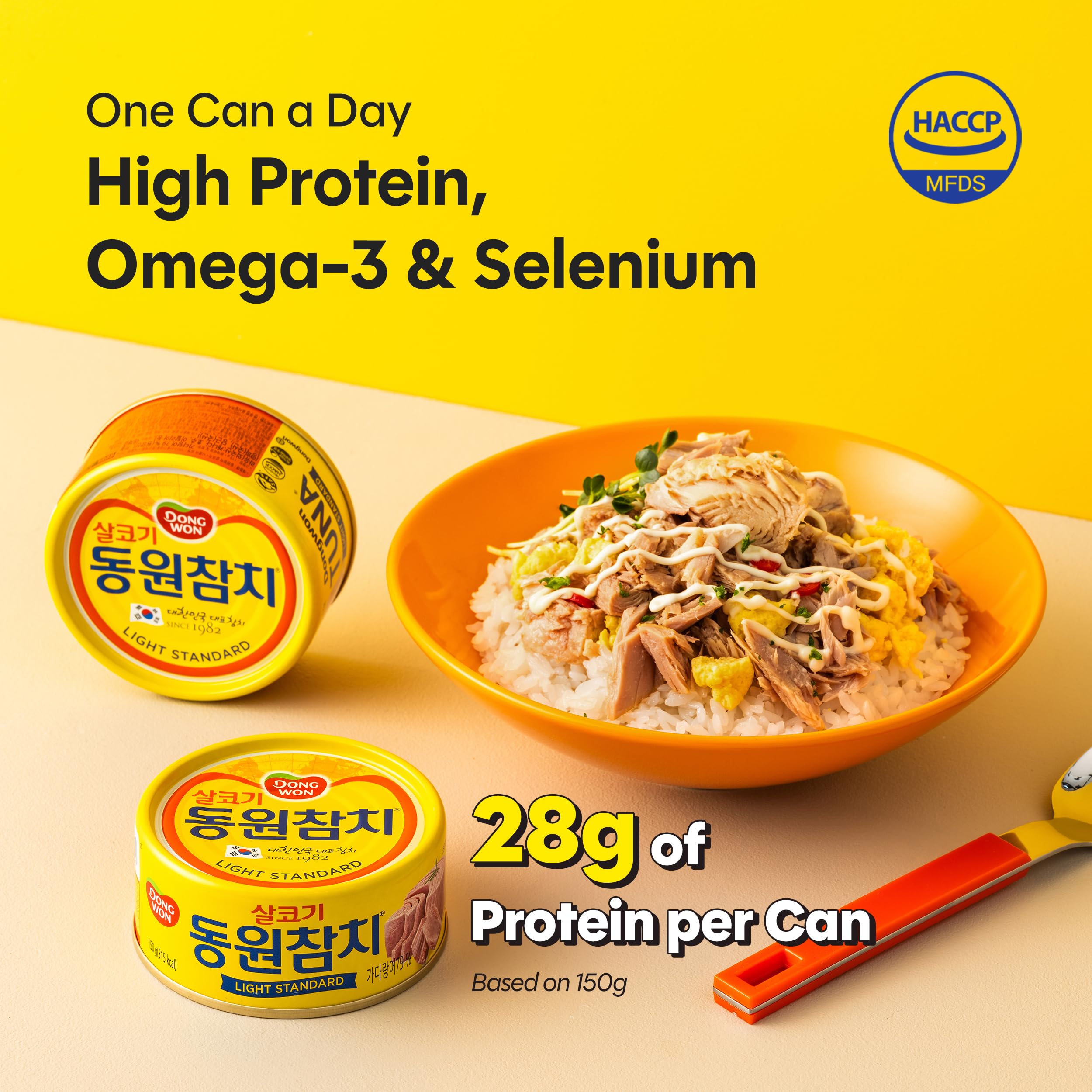 DONG WON can next to a ruler showing 5.3oz size for quick scale and portion planning
