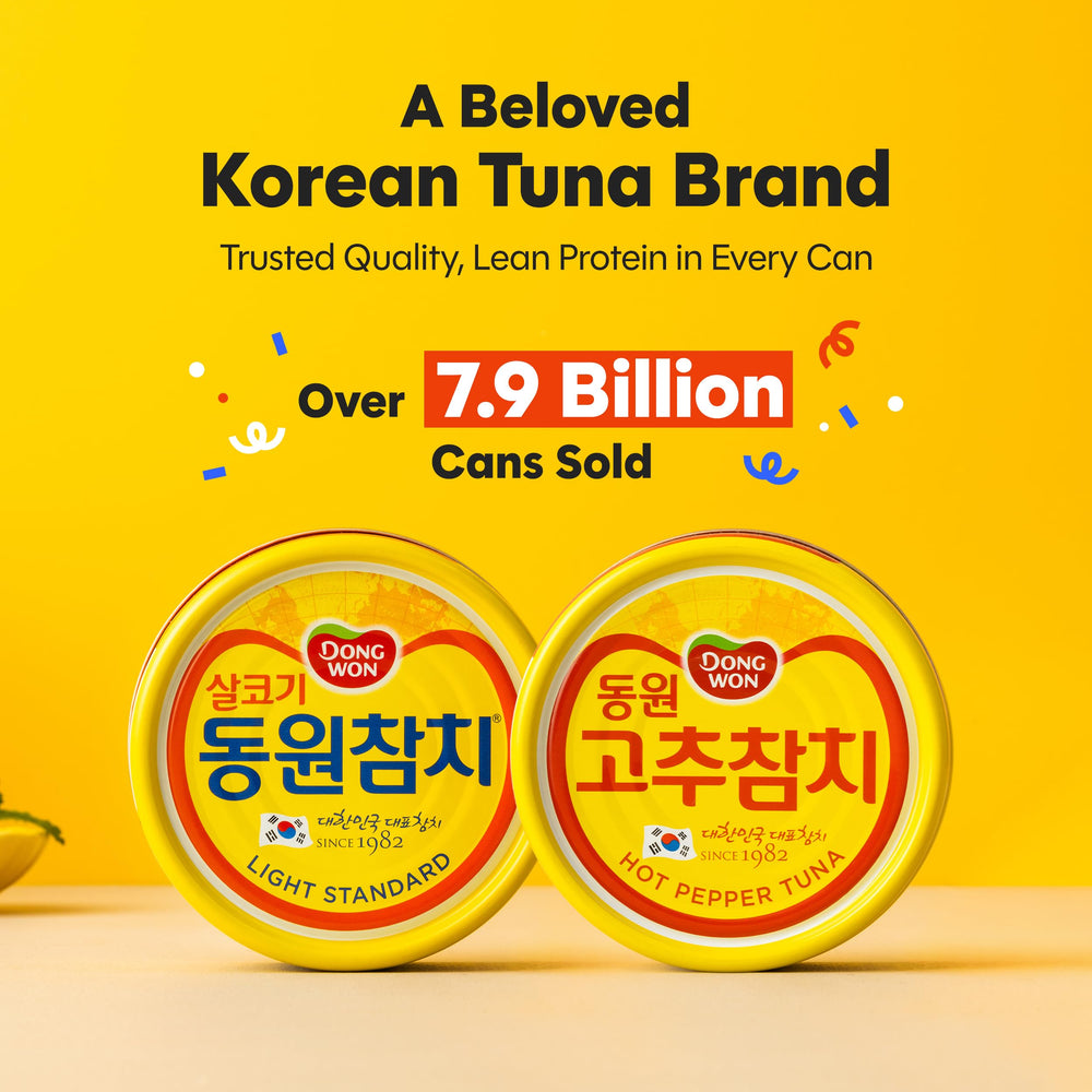 DONG WON label close-up showing ingredients, protein amount, and Made in Korea origin