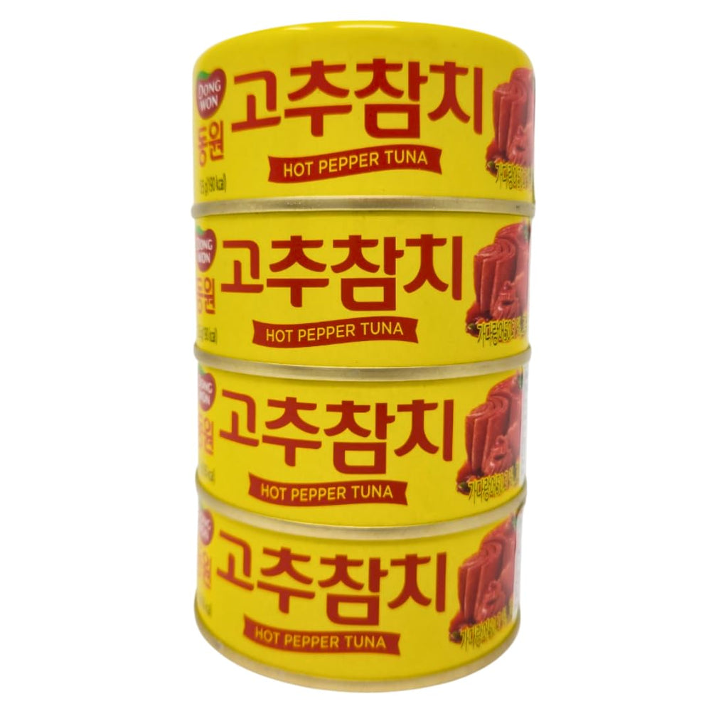 Dongwon front packaging showing 4-pack and spicy flavor, convenient pantry staple