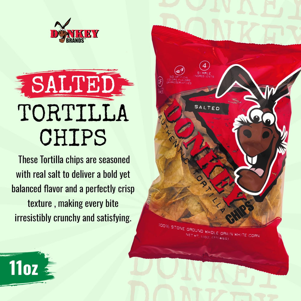 Donkey Authentic Tortilla Chips close-up texture highlighting thick-cut crunch