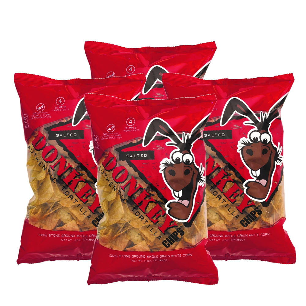 Donkey Authentic Tortilla Chips front packaging showing product and salted flavor benefit