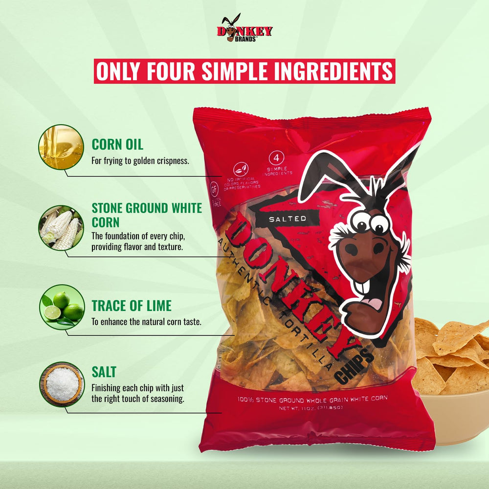 Donkey Authentic Tortilla Chips served in bowl with salsa for easy dipping