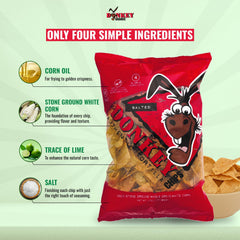 Donkey Authentic Tortilla Chips served in bowl with salsa for easy dipping