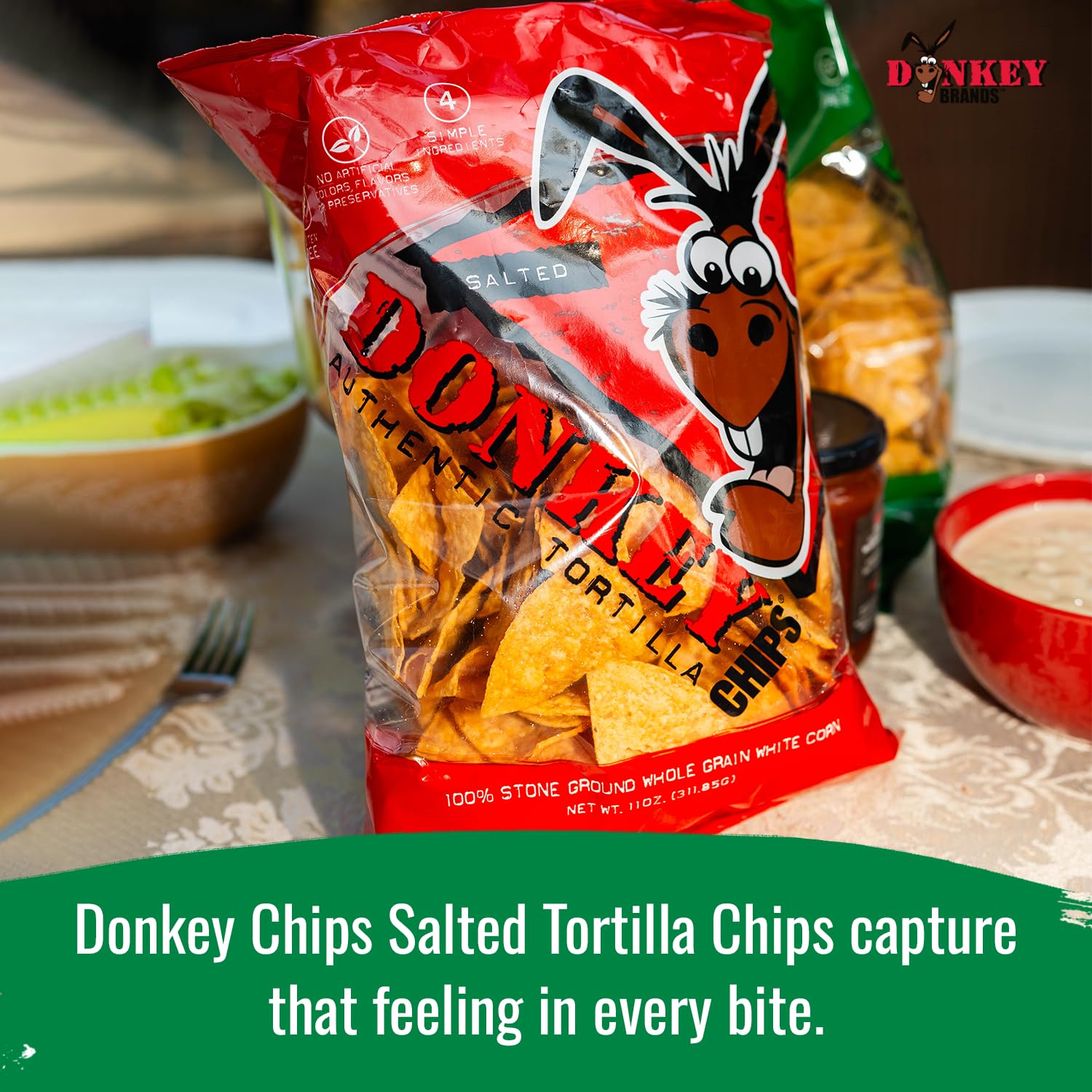 Donkey Authentic Tortilla Chips ingredient label showing simple clean ingredients