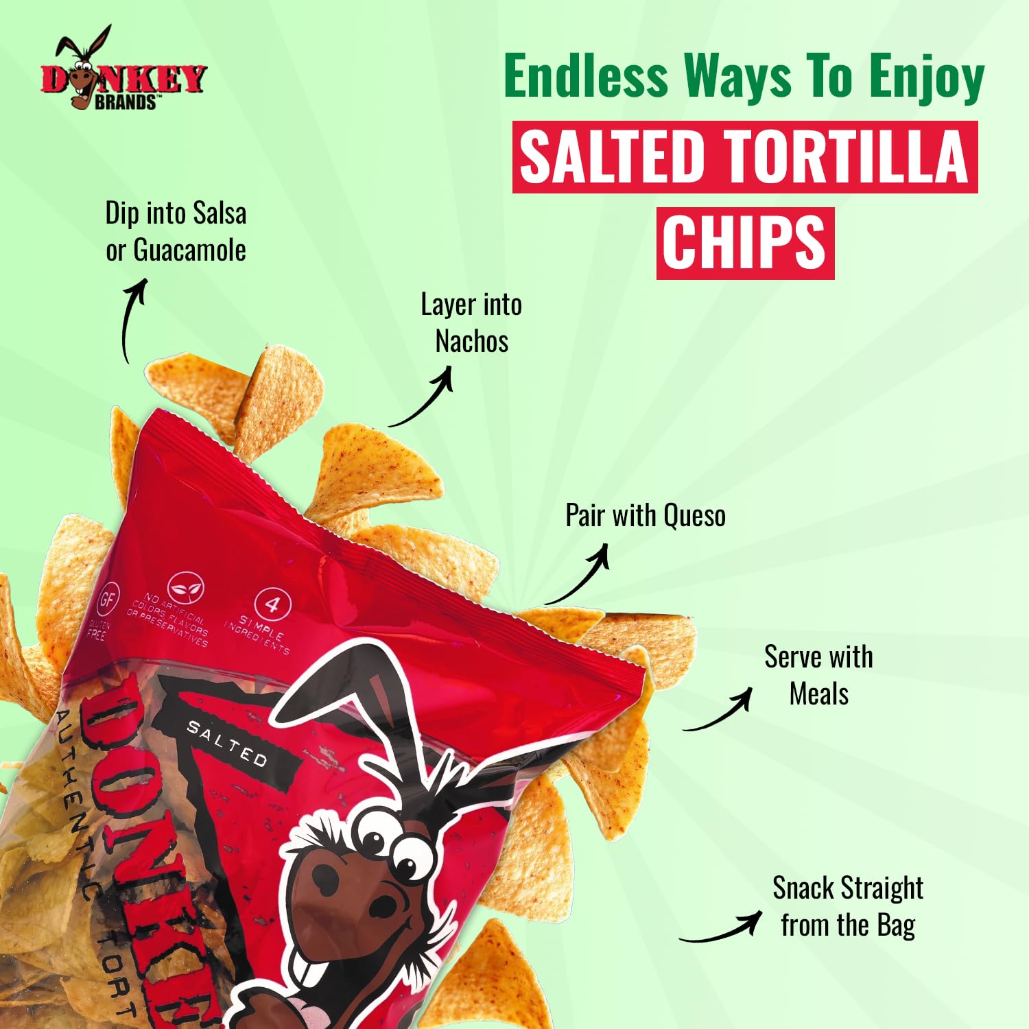 Donkey Authentic Tortilla Chips on party platter for crowd-ready snack appeal