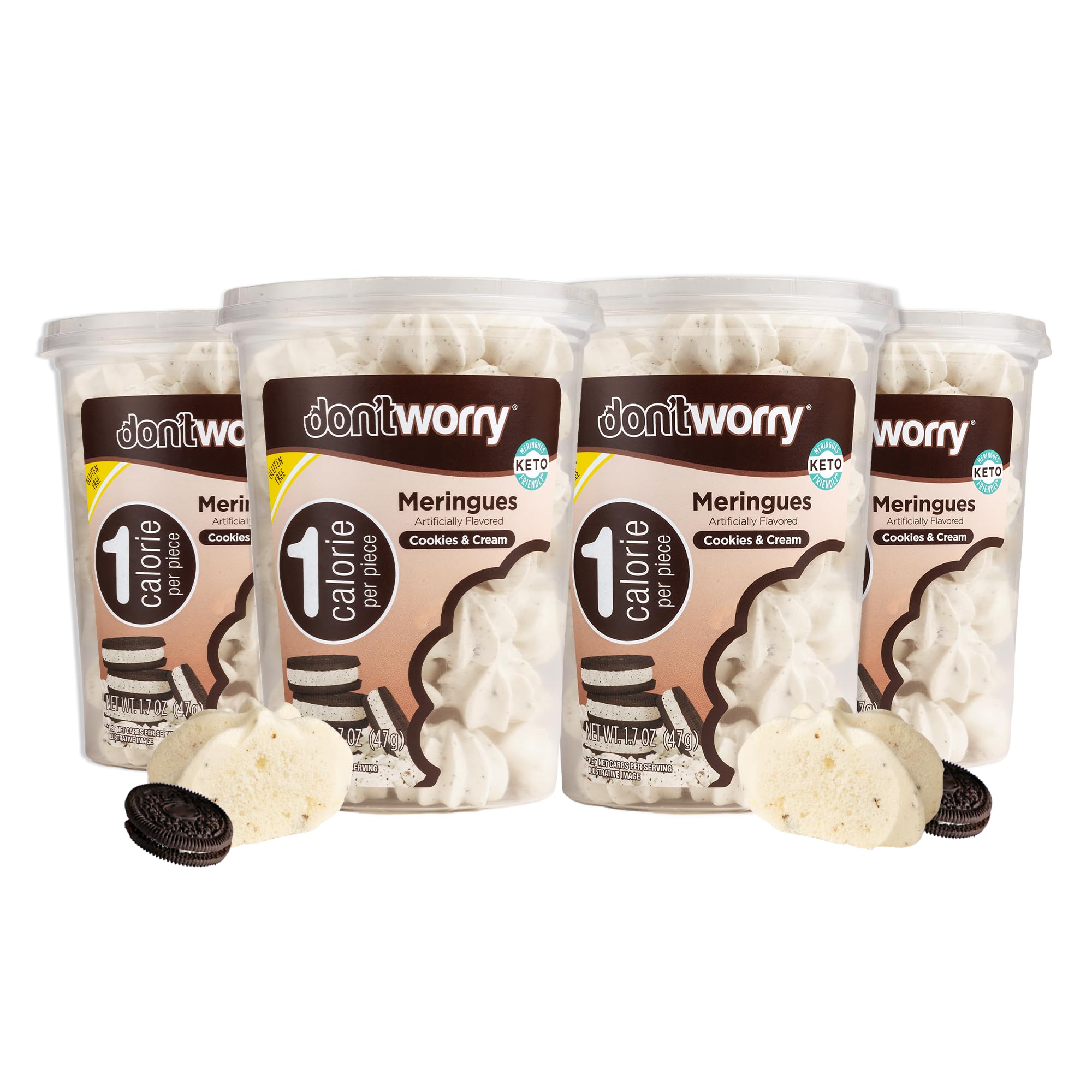 Don't Worry front pack showing cookies and cream flavor and easy portioning
