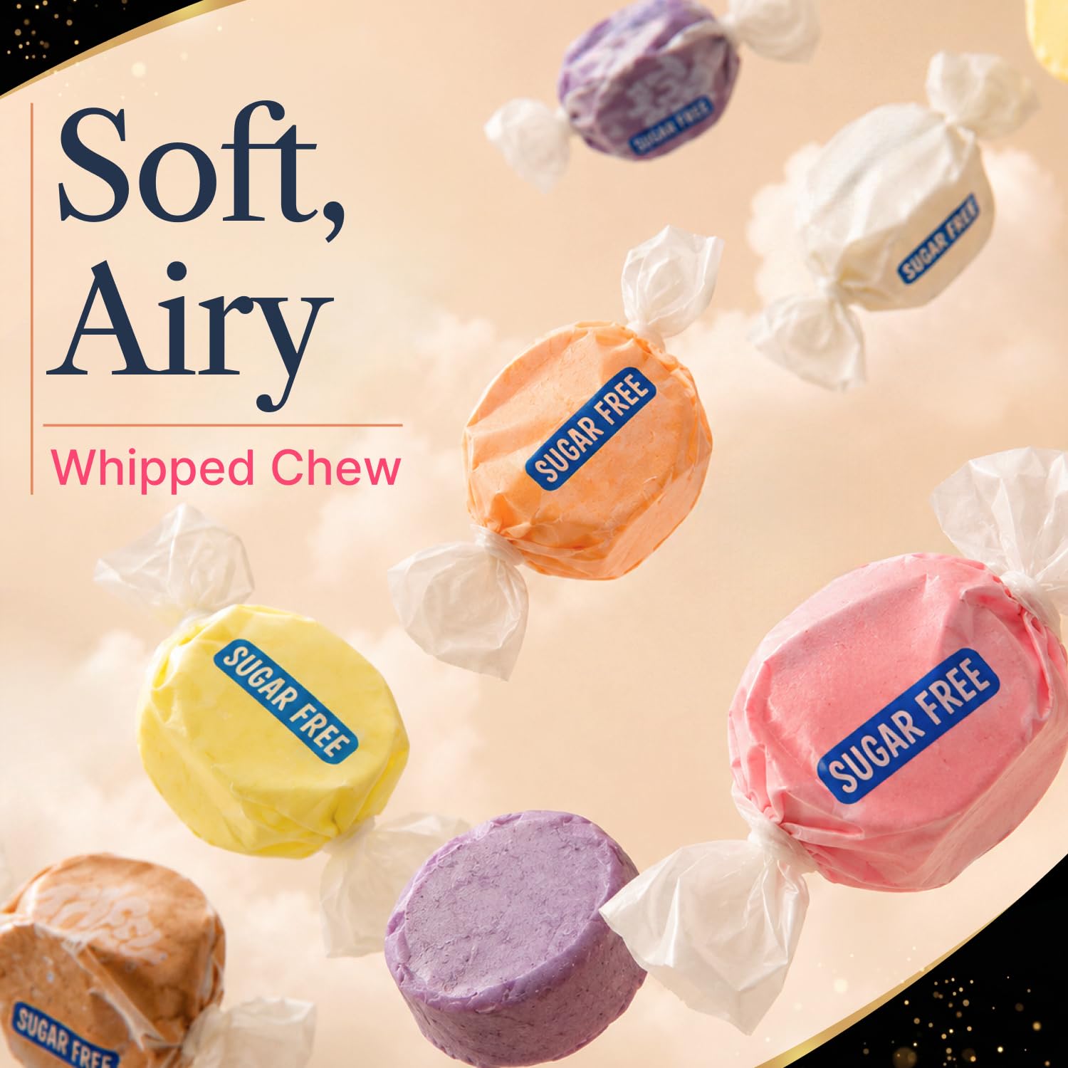 Donty-Tonty close-up of whipped soft taffy texture, highlights tender chewiness
