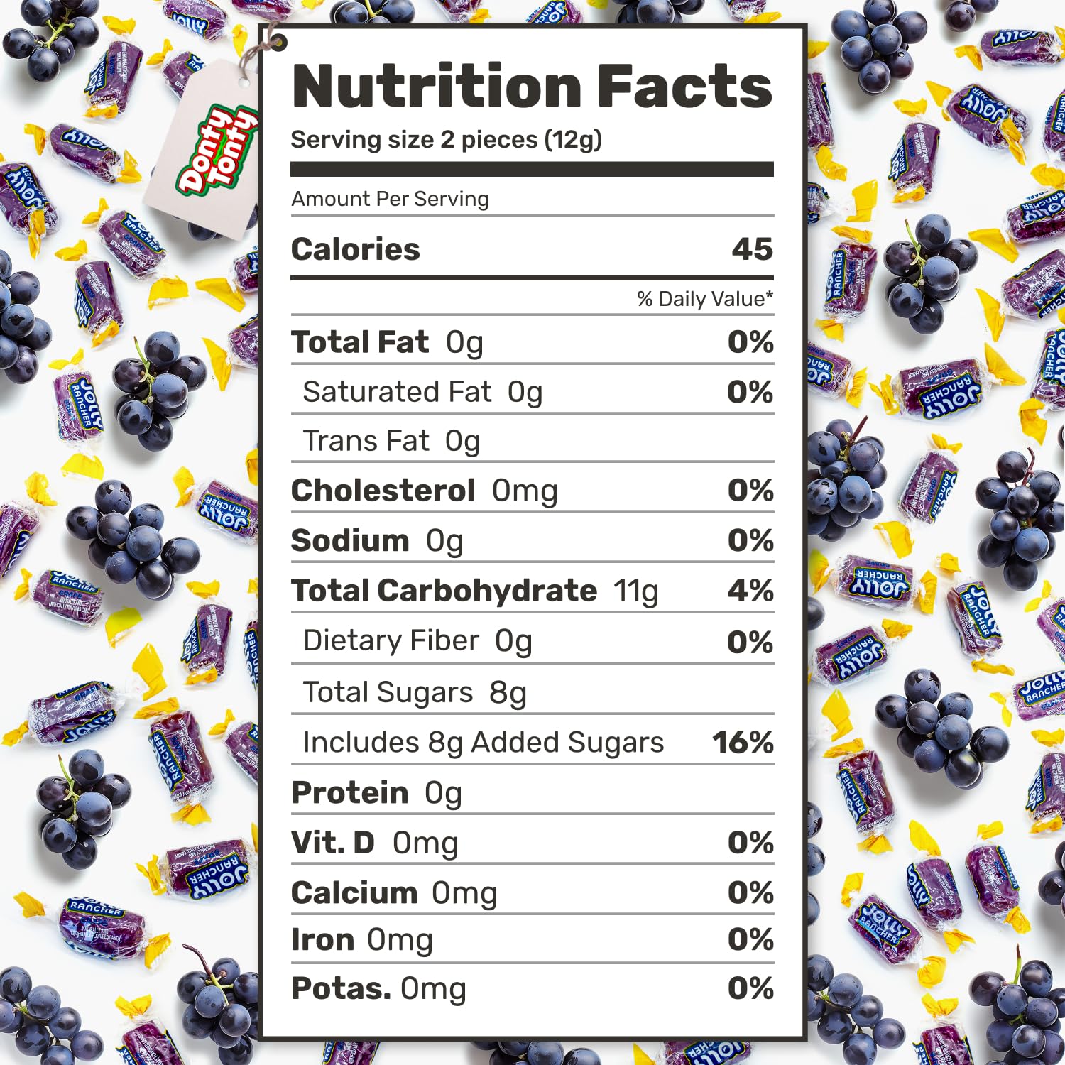 Donty-Tonty grape candy held in hand illustrating size and portion control