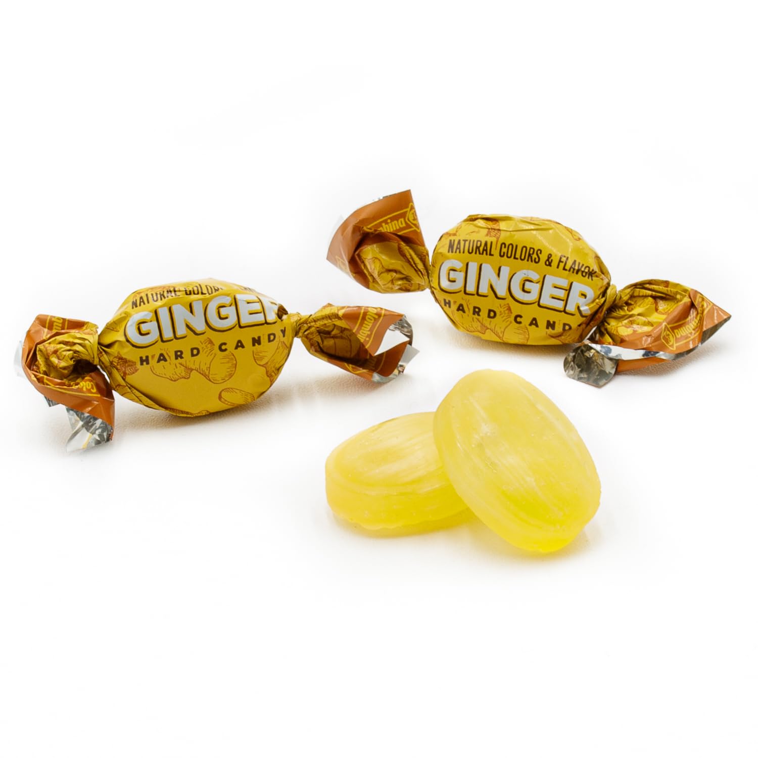 Donty-Tonty fresh ginger and turmeric roots beside candies, highlights natural ingredients