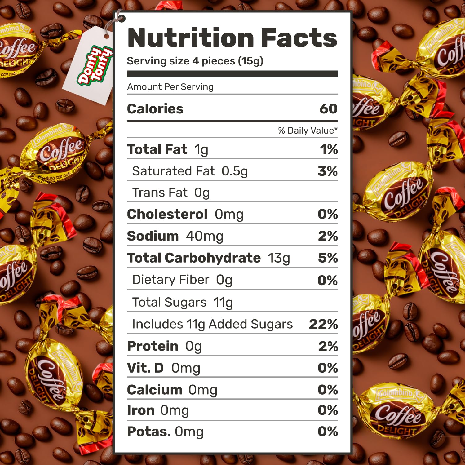 Donty-Tonty ingredient label closeup showing real Colombian coffee transparency
