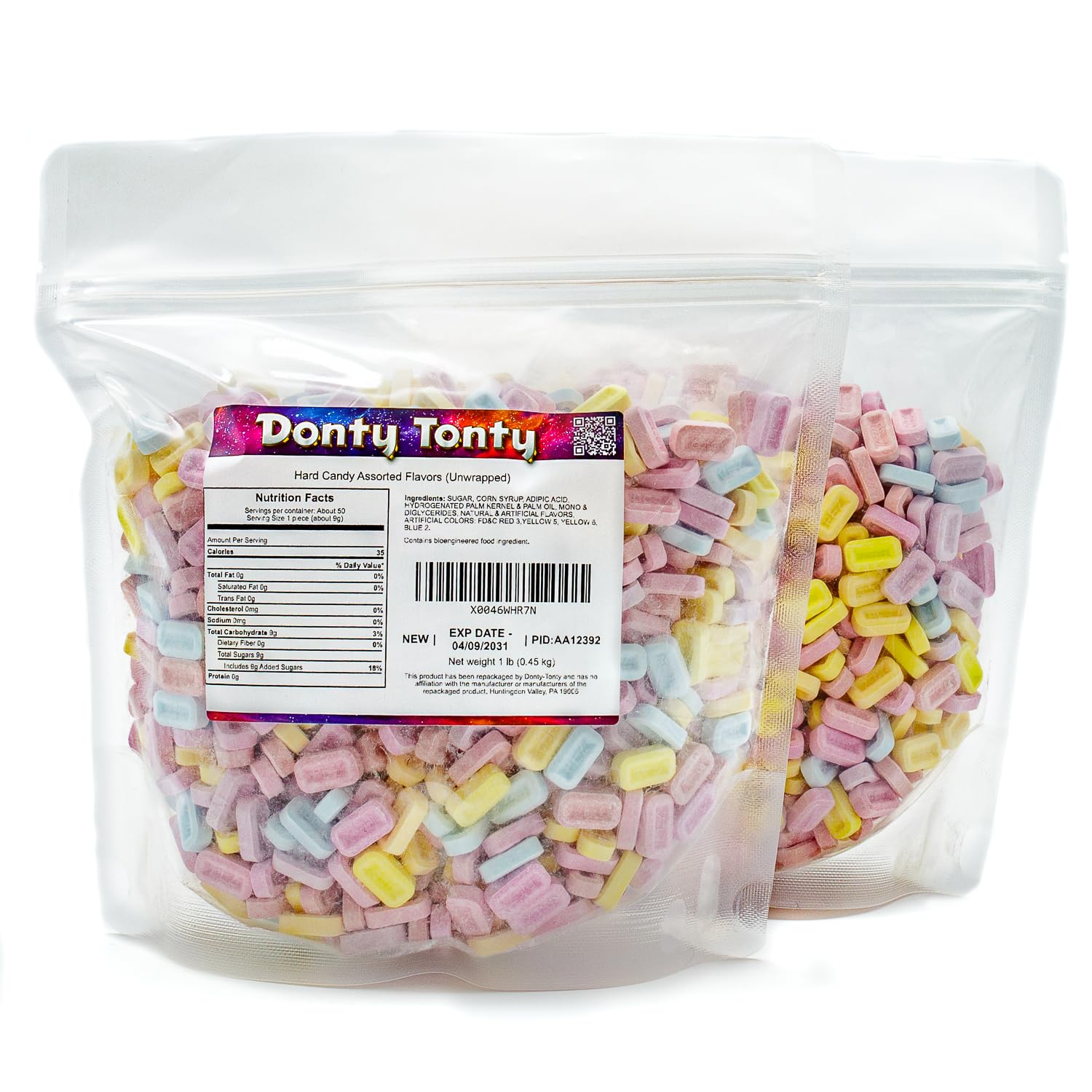 Donty-Tonty scale comparison with one-pound bag to show quantity and supply benefit