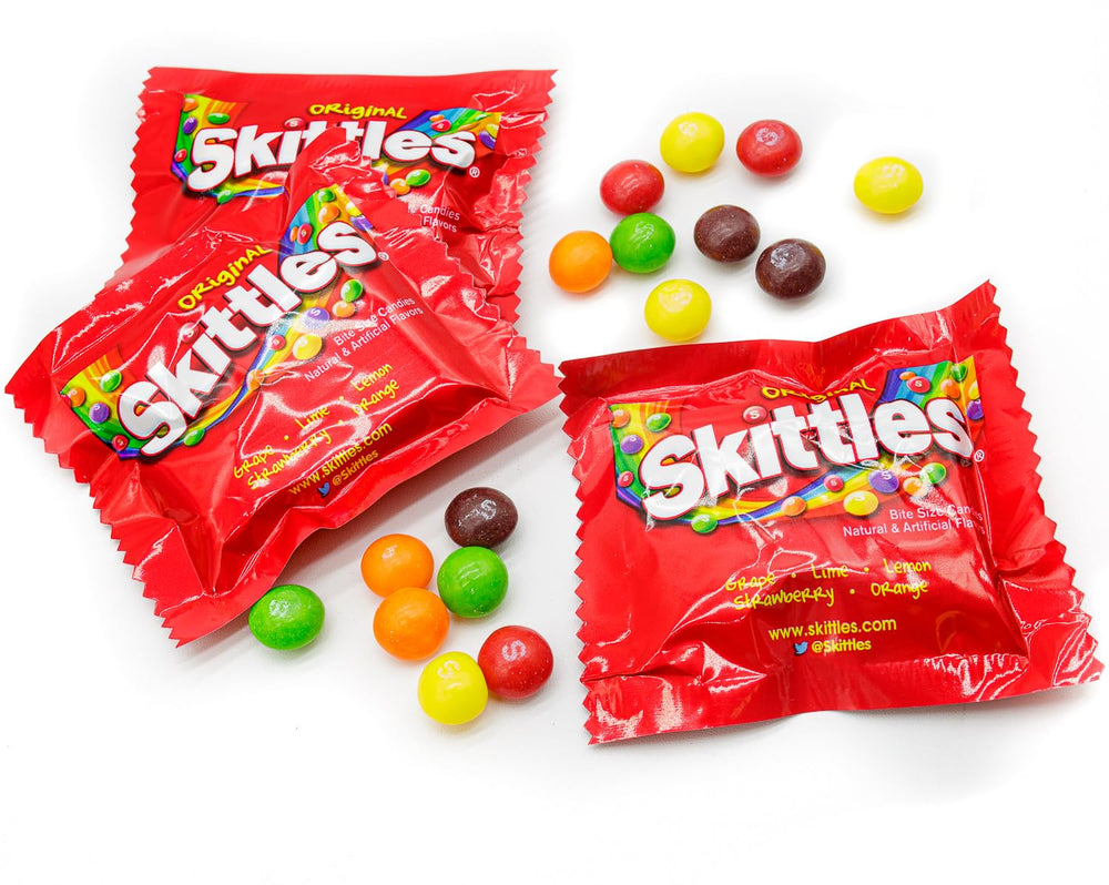 Donty-Tonty SKITTLES size comparison with hand to show fun-size scale