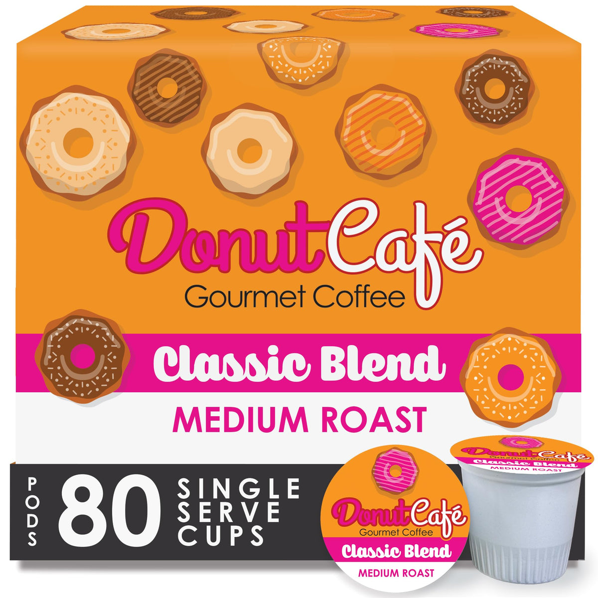 Donut Café front packaging showing Classic Blend, conveys freshness