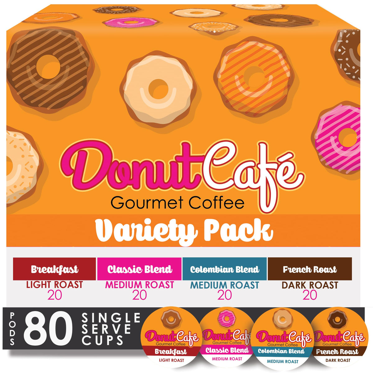 Donut Café front packaging showing 80-count variety pack for convenient brewing