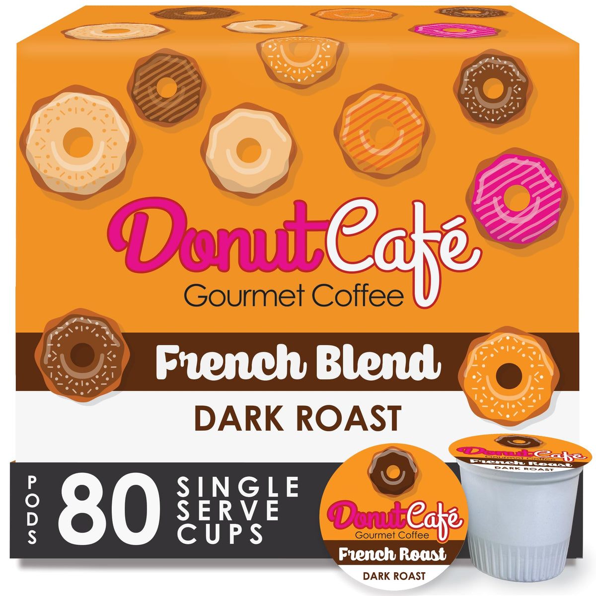 Donut Café front packaging showing 80-count box and convenient storage benefit