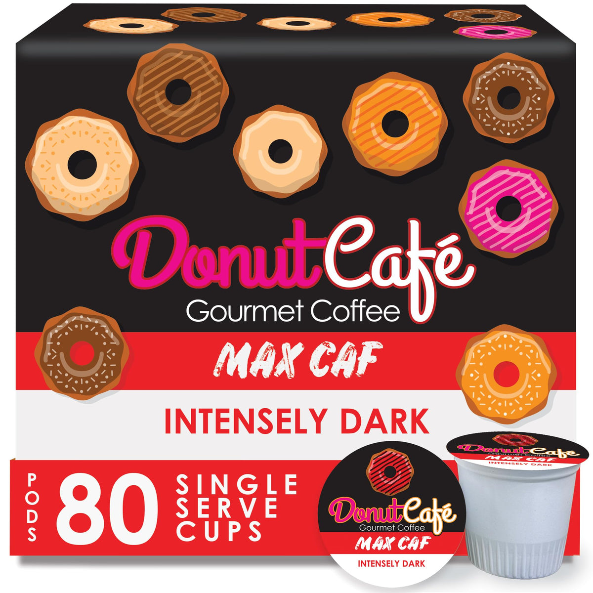 Donut Café front packaging showing 80-count box and bold branding for convenience