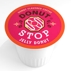 Brewed cup from Donut Stop pods showing raspberry-infused crema and inviting aroma