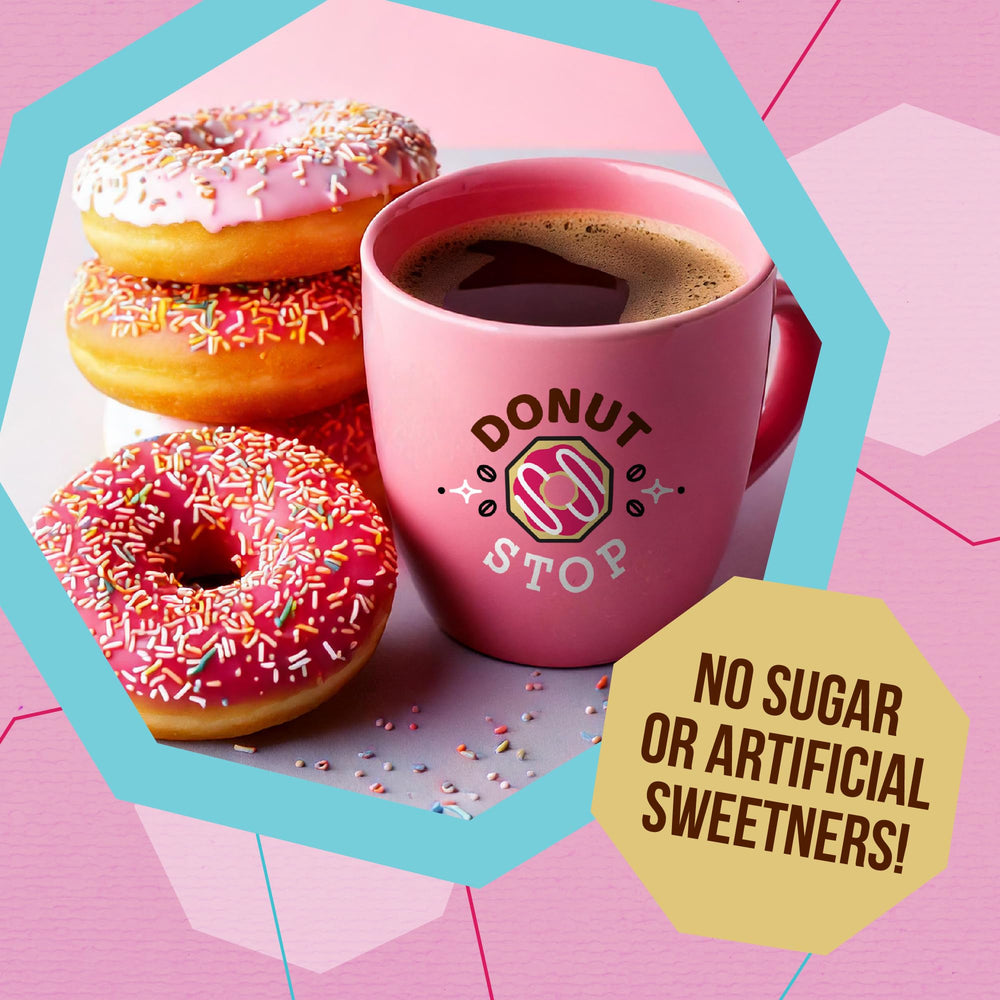 Assorted Donut Stop flavor labels on pods highlighting variety and taste options